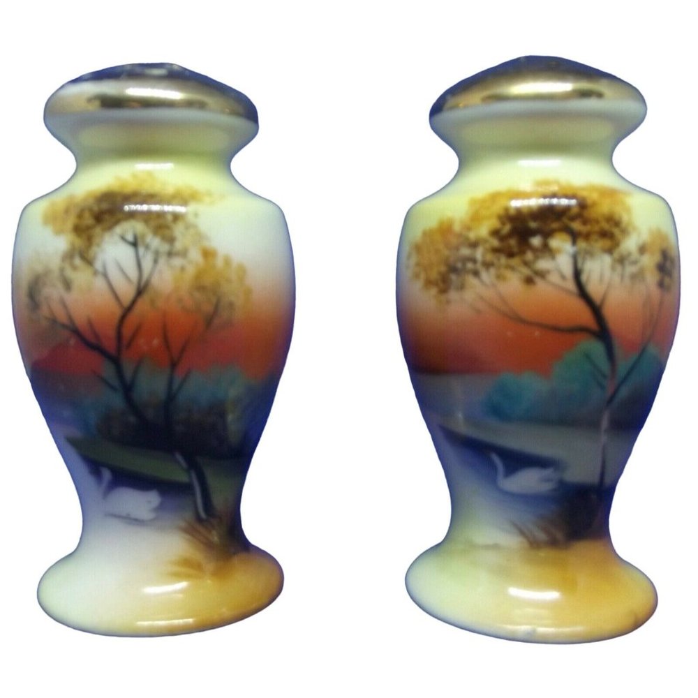Vintage Salt & Pepper Shakers Hand Painted Sunset Tree White Animal Scene Japan